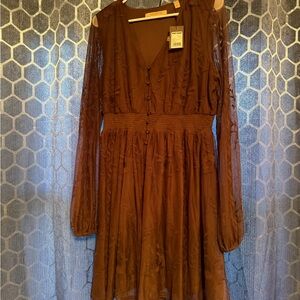 Shyanne Brown Smocked V-Neck Long Sleeve Dress